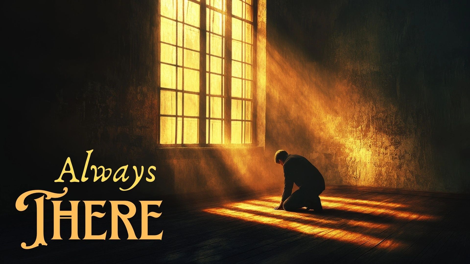 Person kneeling in a sunlit room with inspirational text.