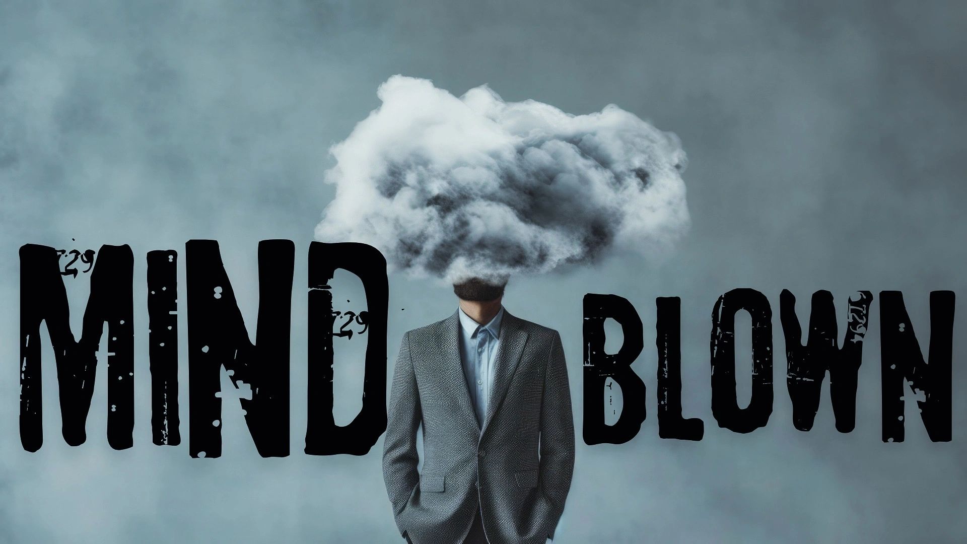 A man in a suit with a cloud obscuring his head against a foggy background.