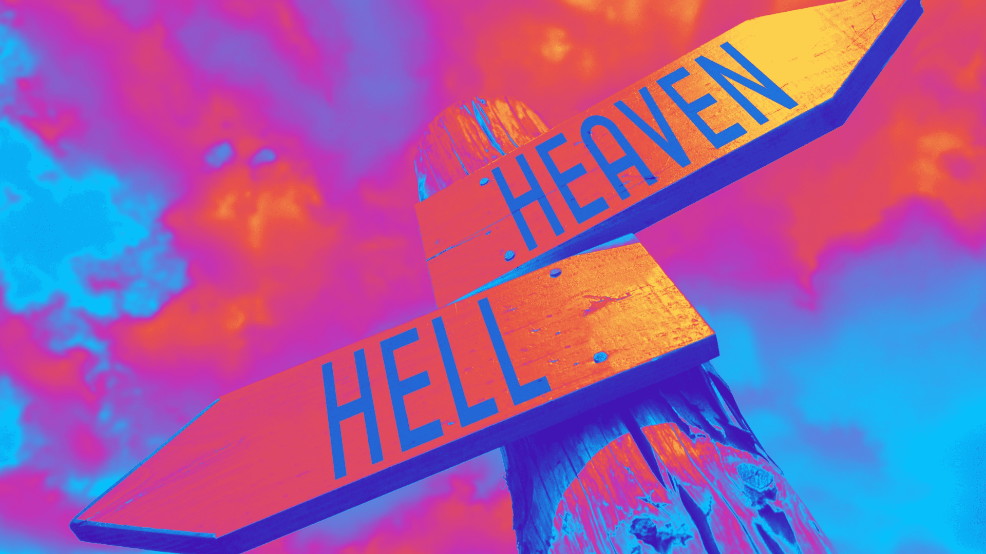 Wooden signpost points to Hell and Heaven in vibrant colors.