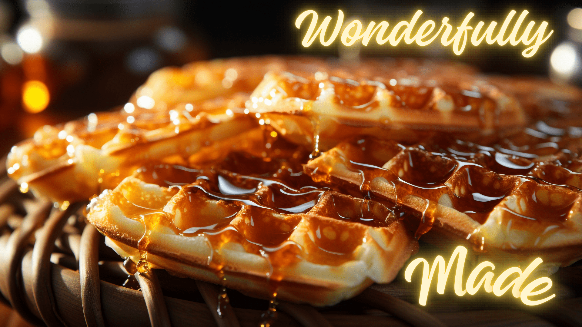 Golden waffles drizzled with syrup on a grill.
