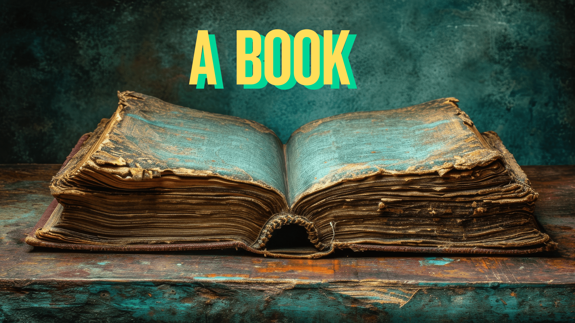 An old, worn book with yellowed pages and the words 'A BOOK' above it.
