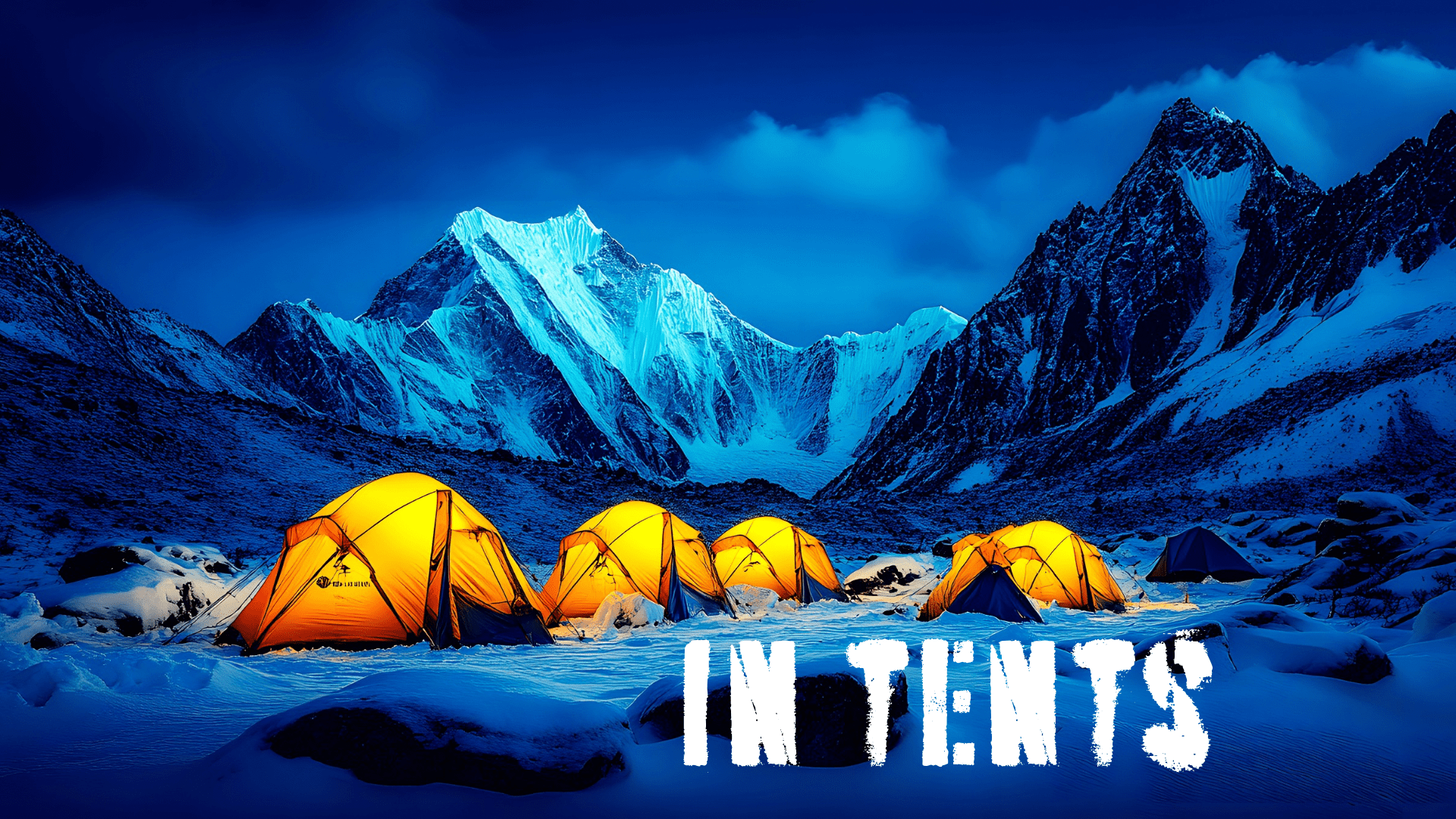 Bright orange tents set against snowy mountain peaks under a twilight sky.