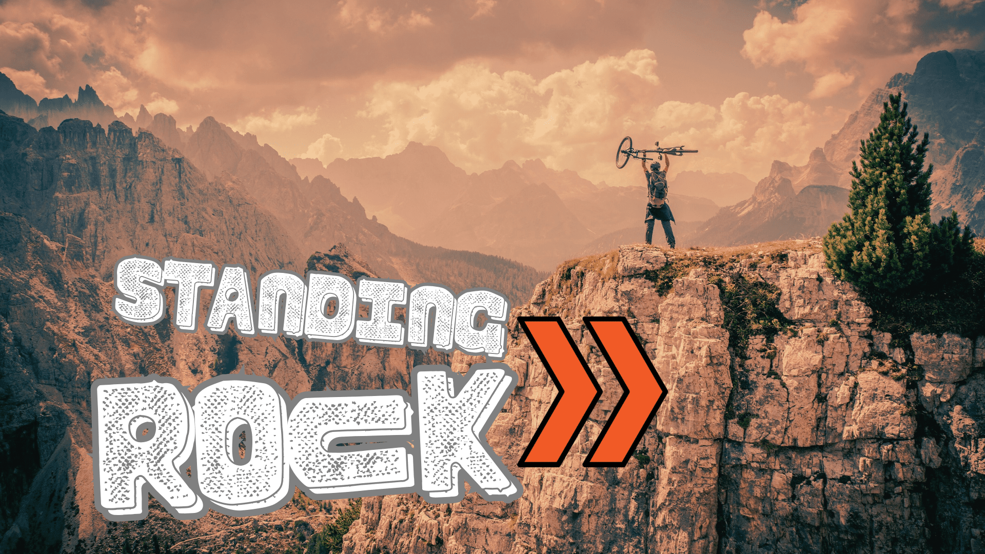 A person balancing on a rocky cliff under a dramatic sky.