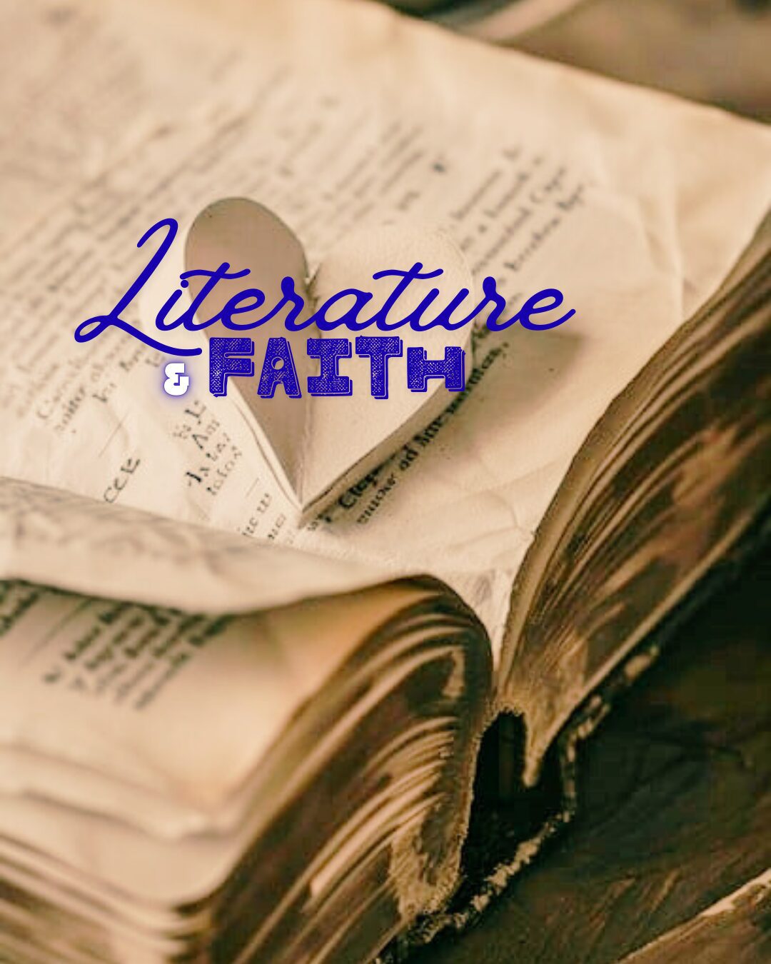 An open old book with the words 'Literature Faith' written above.