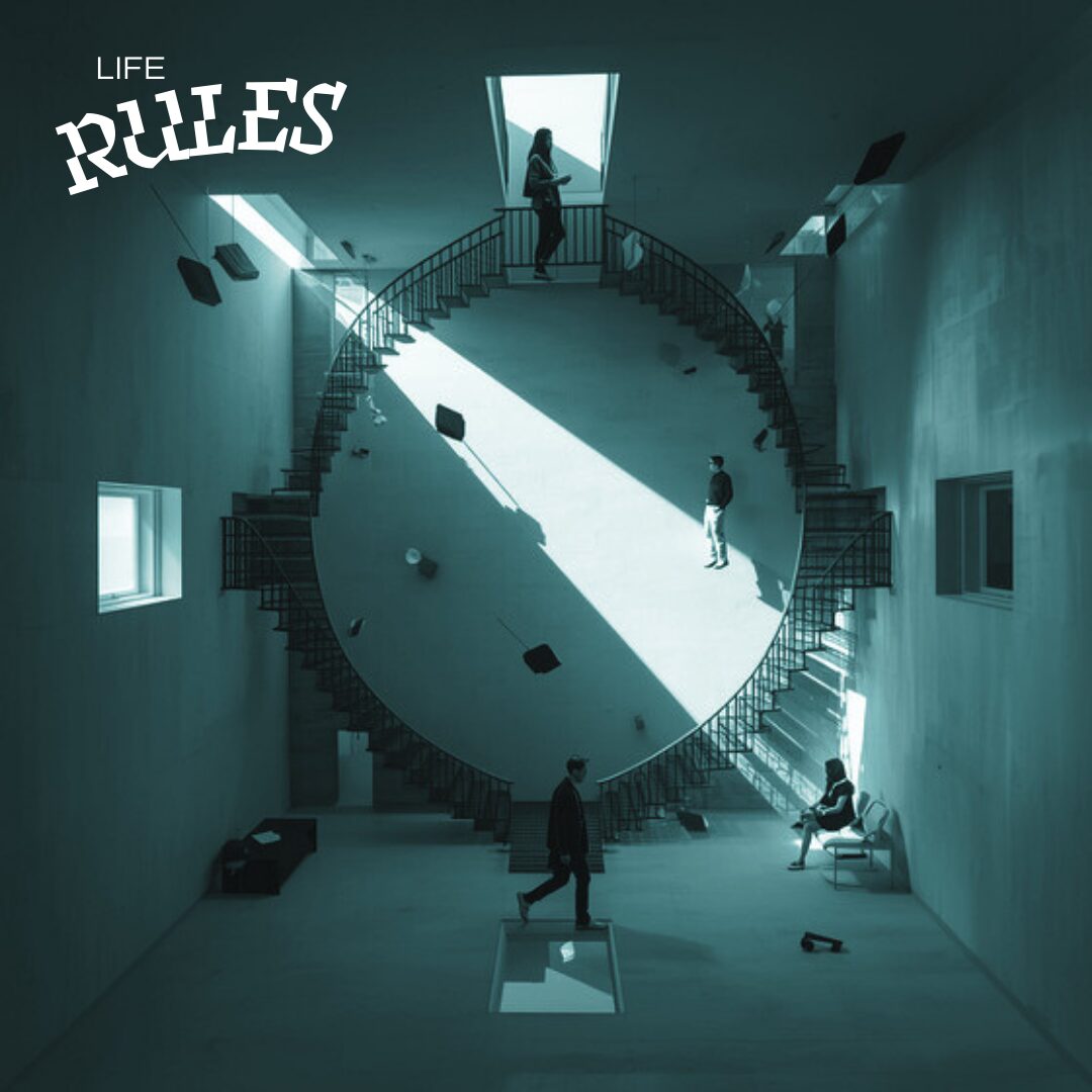 Surreal scene with figures inside a large circular structure in a dimly lit room.