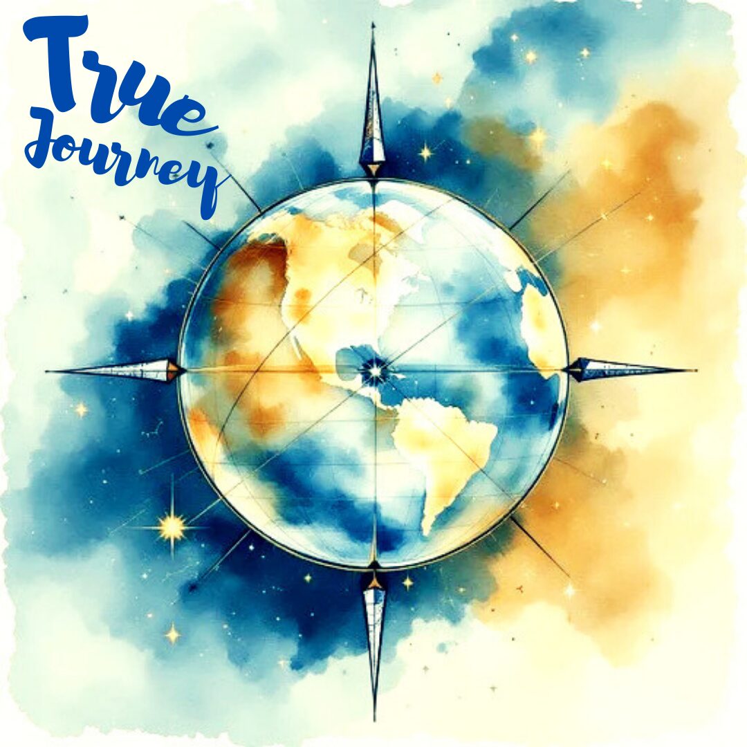 Watercolor compass with a globe and the phrase 'True Journey'.