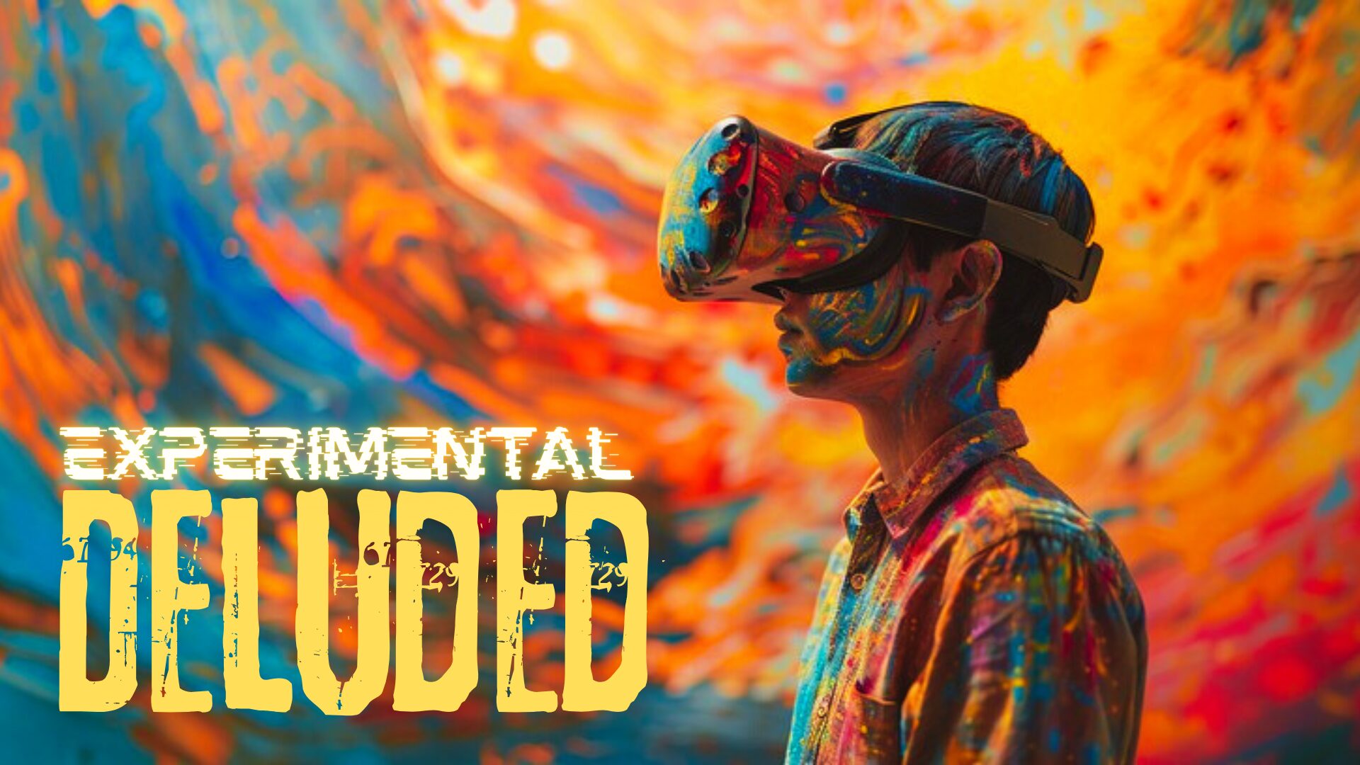 Person wearing a VR headset immersed in colorful, abstract digital art.