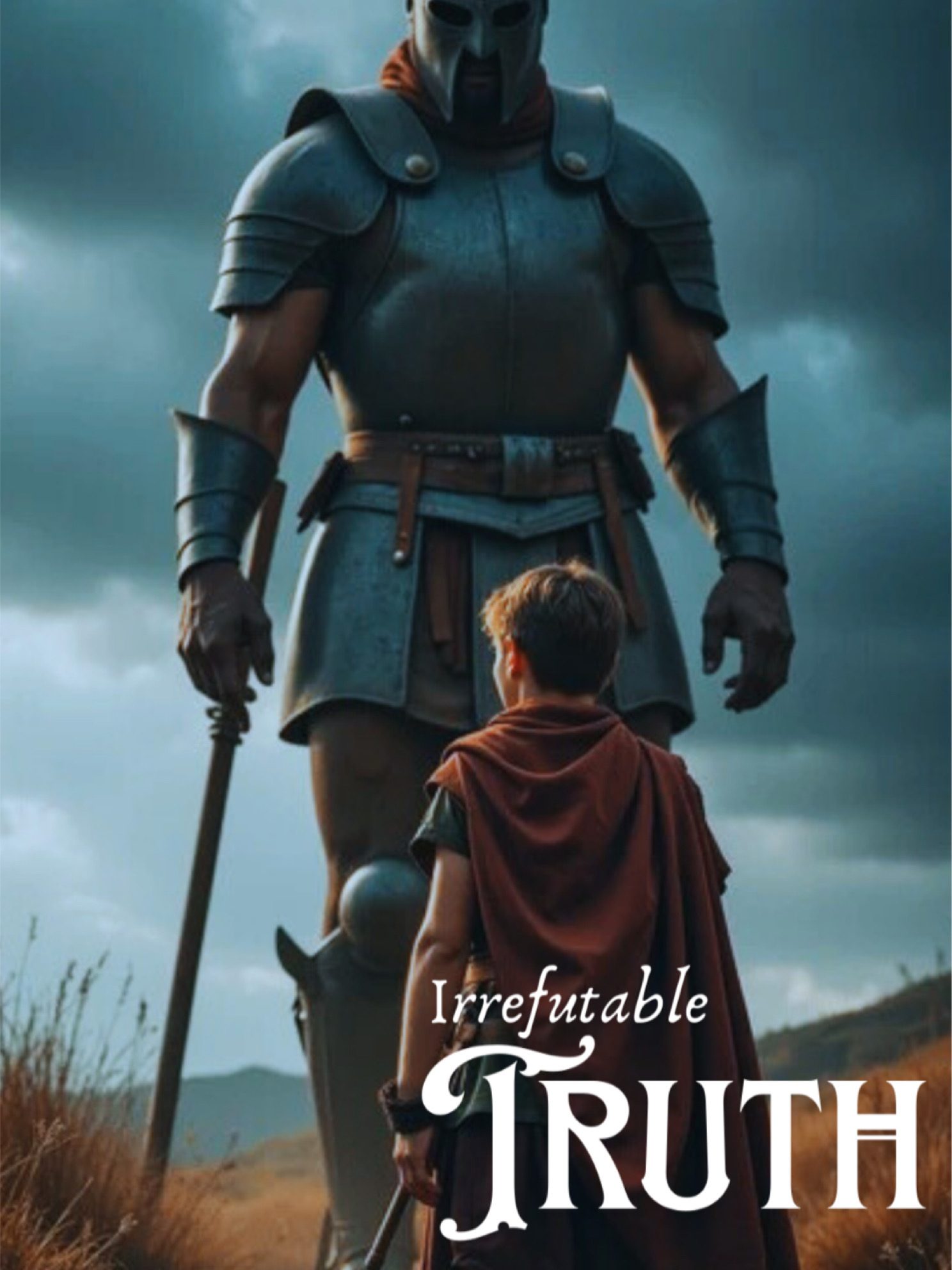 A small figure faces a towering armored giant under a stormy sky.