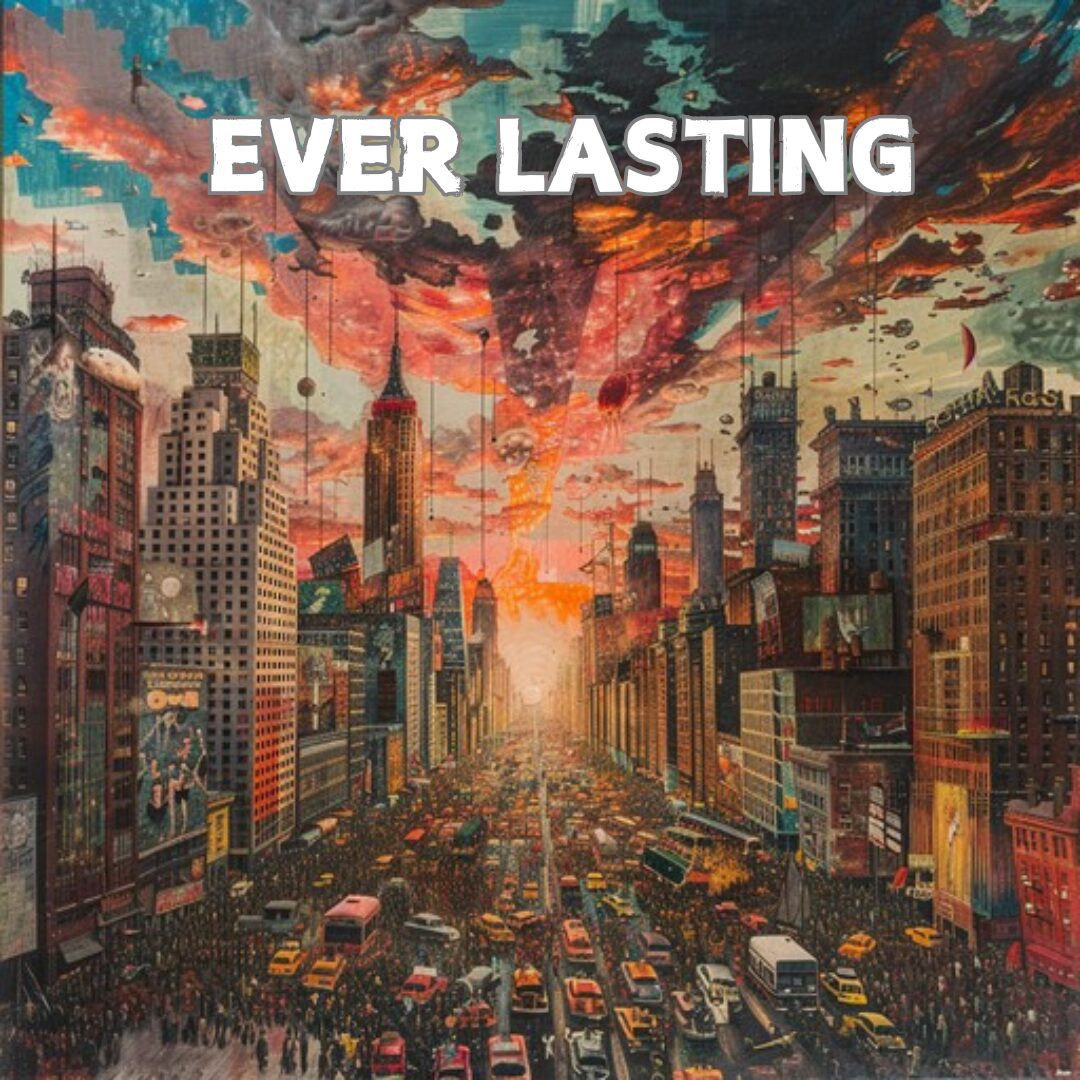 A busy urban street at sunset with the words 'EVER LASTING'.