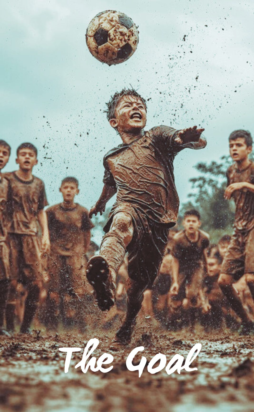Joyful muddy children playing soccer outdoors.