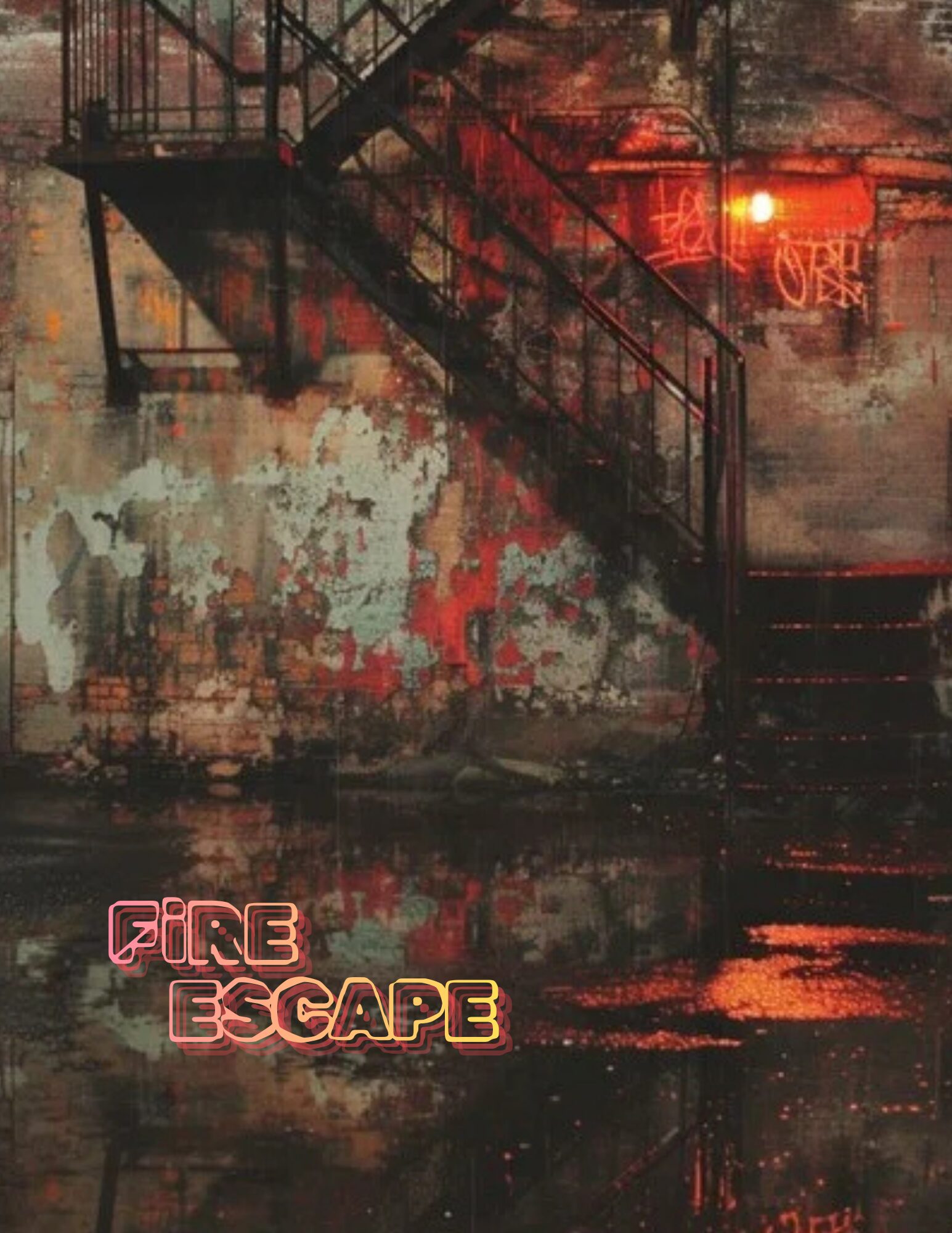 Dark, eerie basement with stained walls and a 'Fire Escape' sign.