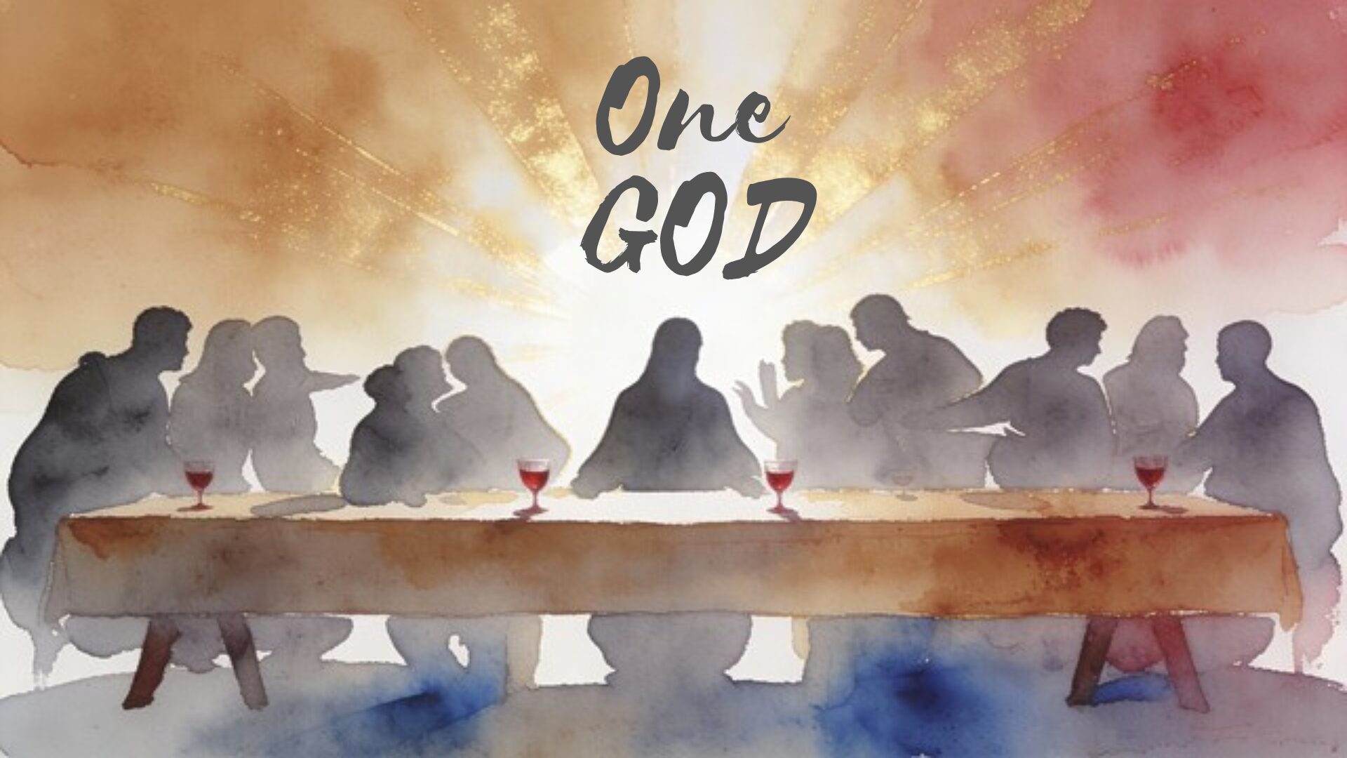 Artistic depiction of the Last Supper with 'One GOD' text.