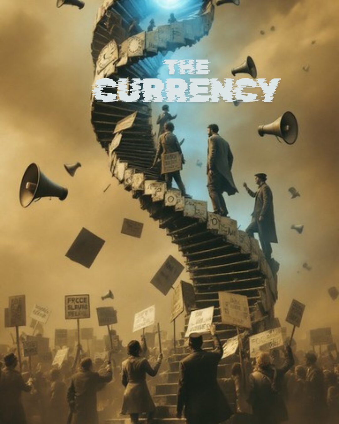 Surreal staircase to the sky with floating megaphones and papers under a golden sky.