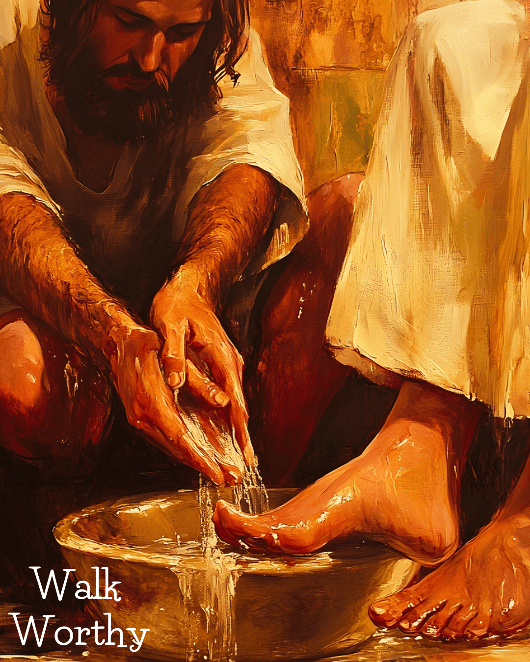 A person washing another's feet in a humble setting.