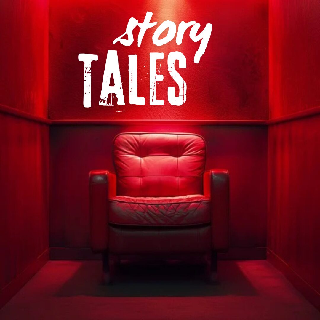 A red armchair in a red room with 'Story Tales' text above.