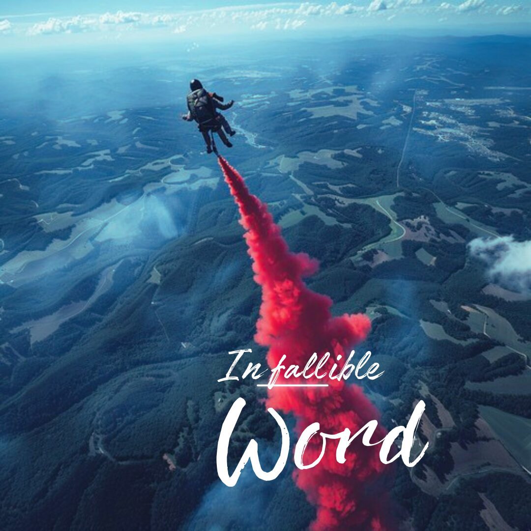 Skydiver trailing red smoke over forests