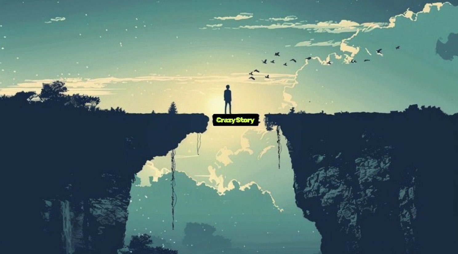 Silhouette standing between cliffs beneath birds