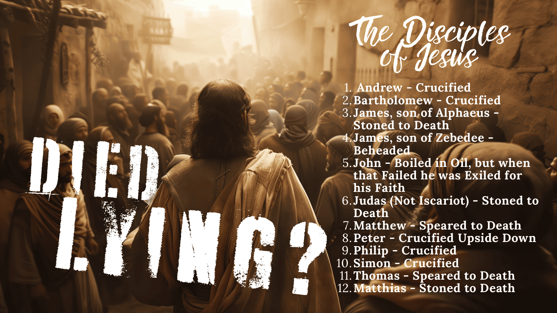 Robed figure amid crowd with text overlay