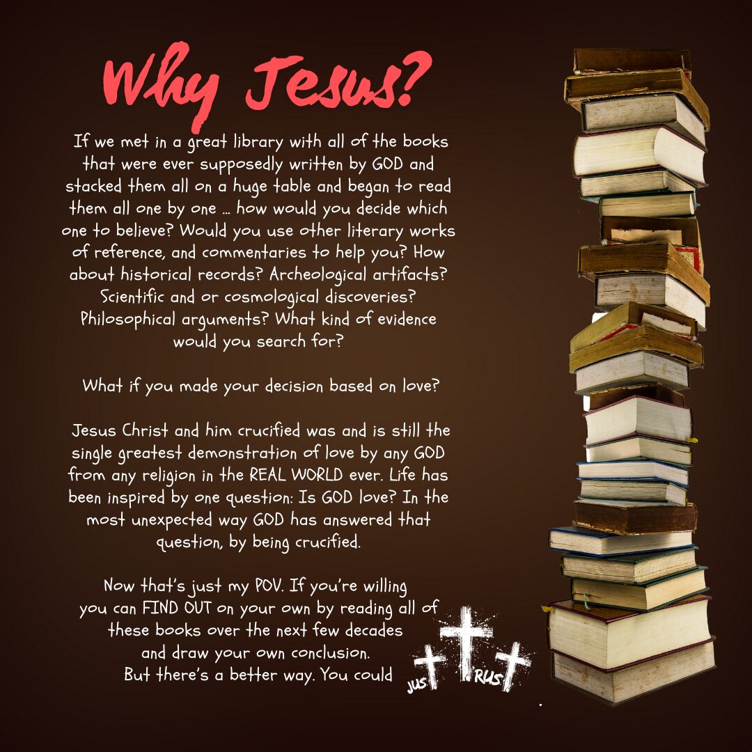 Stack of books beside "Why Jesus?" text