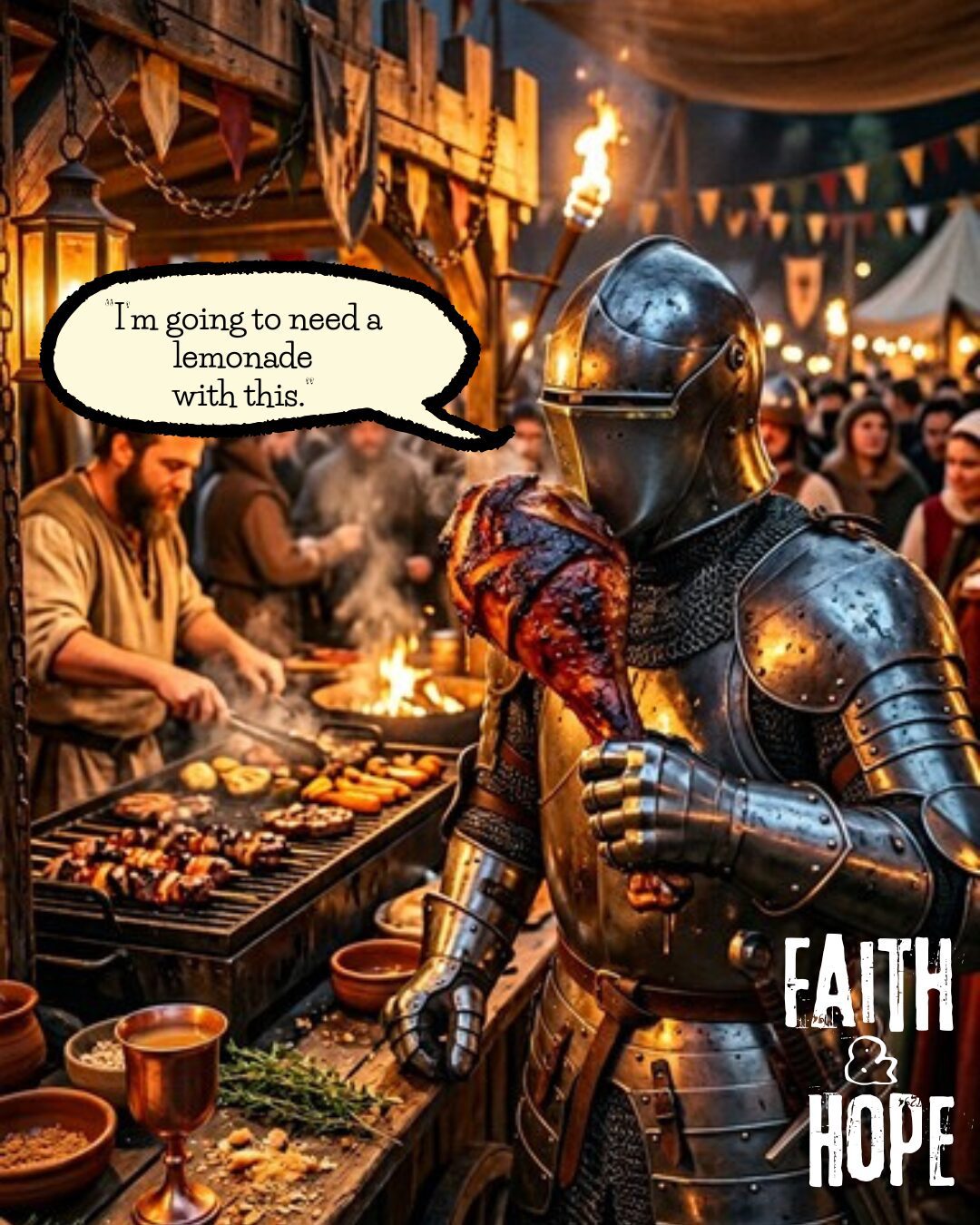 Armored knight holding giant roasted leg at fair